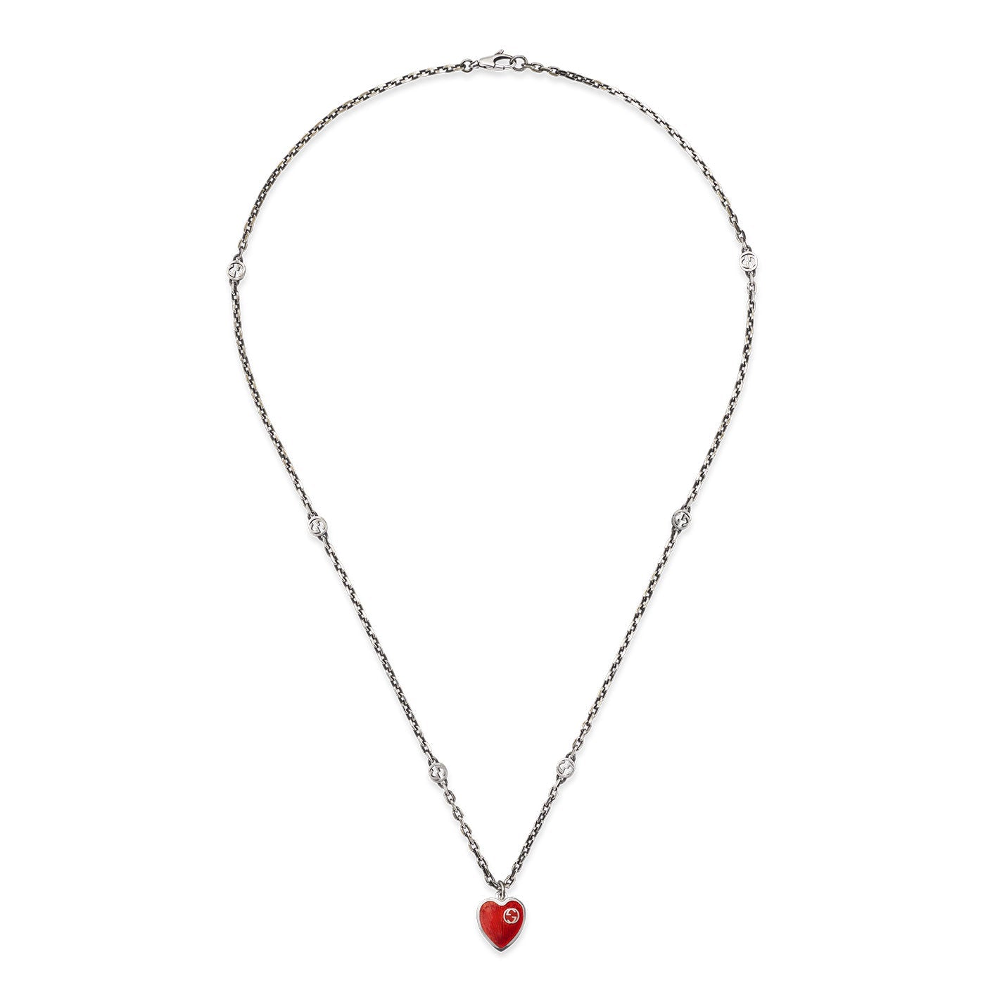 Gucci Interlocking G Sterling Steel Necklace with Red Enamel Heart Pendant