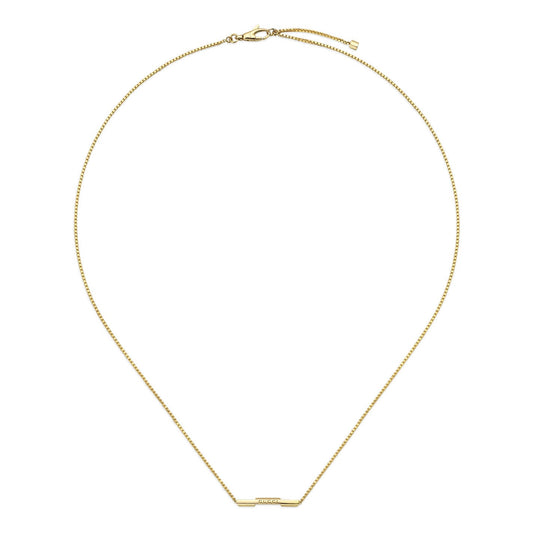 The Gucci Link to Love 18K Yellow Gold Necklace by GUCCI Fine Jewellery showcases a delicate chain with a sleek "Gucci" bar pendant at its center, fastened securely by a clasp at the back.