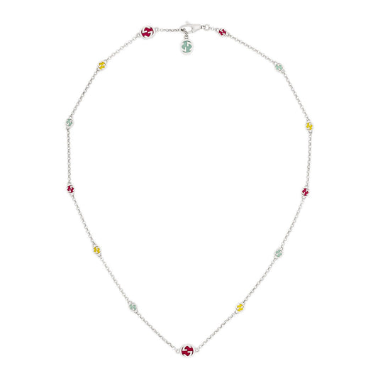 Discover the Gucci Interlocking G Sterling Silver with Multicolour Enamel Station Necklace by GUCCI Fine Jewellery, featuring a sterling silver chain adorned with alternating circular charms in vibrant hues of red, light blue, and yellow. Each charm is elegantly designed with small anchor symbols at the center, exuding playful sophistication that echoes Gucci's iconic style.