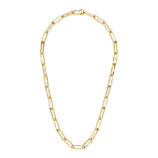 The Gucci Link to Love 18K Yellow Gold Wide Chain Necklace by GUCCI Fine Jewellery showcases elongated rectangular links arranged in a sleek and elegant loop. Crafted from 18k yellow gold, its polished surface beautifully reflects light, highlighting its sophisticated design and endorsing excellence as certified by the Responsible Jewellery Council.