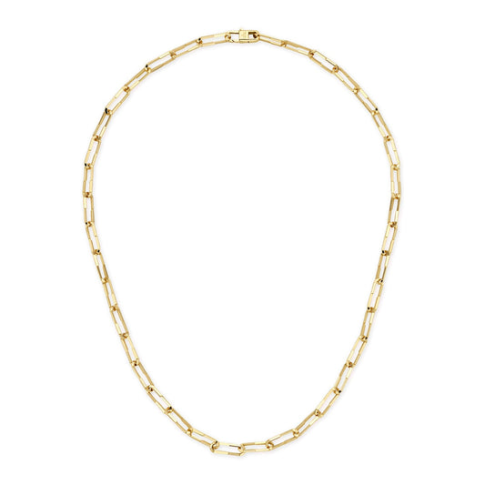 The Gucci Link to Love 18K Yellow Gold Chain Necklace by GUCCI Fine Jewellery features rectangular links forming a continuous loop against a white background. The sophisticated design secures at the top with a simple clasp.