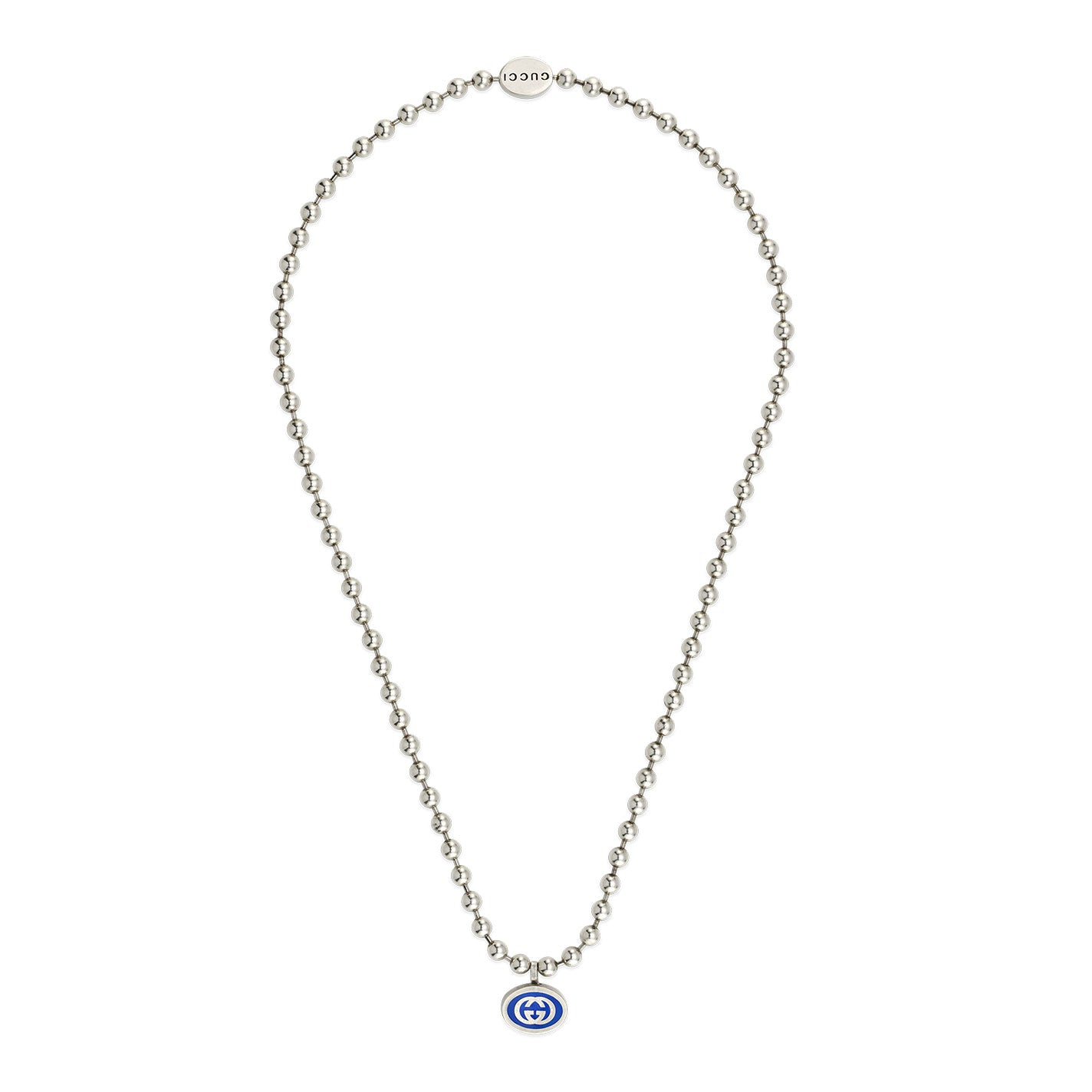 The Gucci Interlocking G Sterling Silver Boule Chain Necklace Pendant from GUCCI Fine Jewellery features a sleek circular blue and silver pendant, offering a minimalist aesthetic. It comes with a boule chain that includes a discreetly engraved clasp, subtly highlighting the iconic Gucci interlocking G motif.