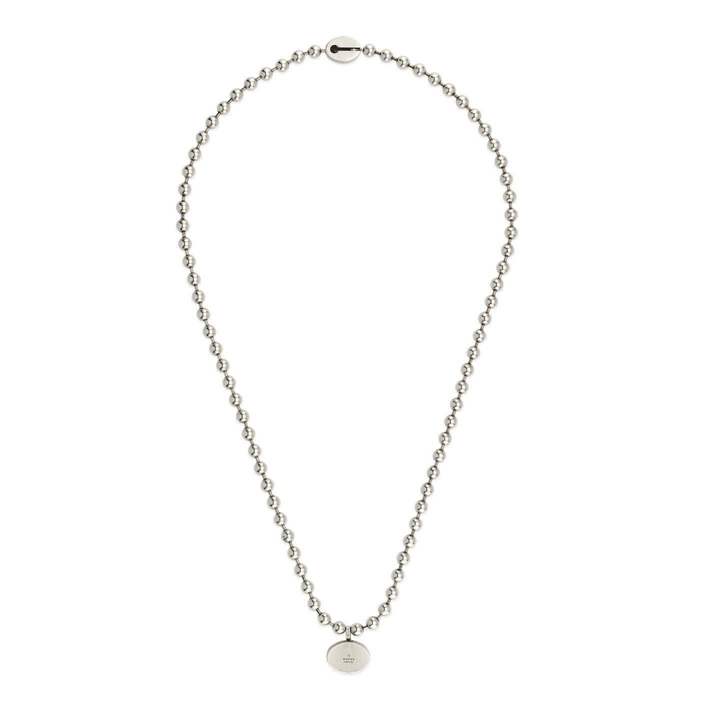 The GUCCI Fine Jewellery features the Gucci Interlocking G Sterling Silver Boule Chain Necklace Pendant, showcasing a round pendant at its center. The uniformly sized beads enhance its elegance, and the intricately engraved pendant provides an exquisite touch. It's displayed beautifully on a plain white background.