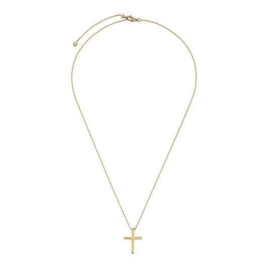 The Gucci Link to Love Cross 18K Yellow Gold Necklace Pendant from GUCCI Fine Jewellery showcases a delicate cross on a thin chain with an adjustable clasp. Crafted to the standards of the Responsible Jewellery Council, this elegant piece is beautifully highlighted against a plain white background.