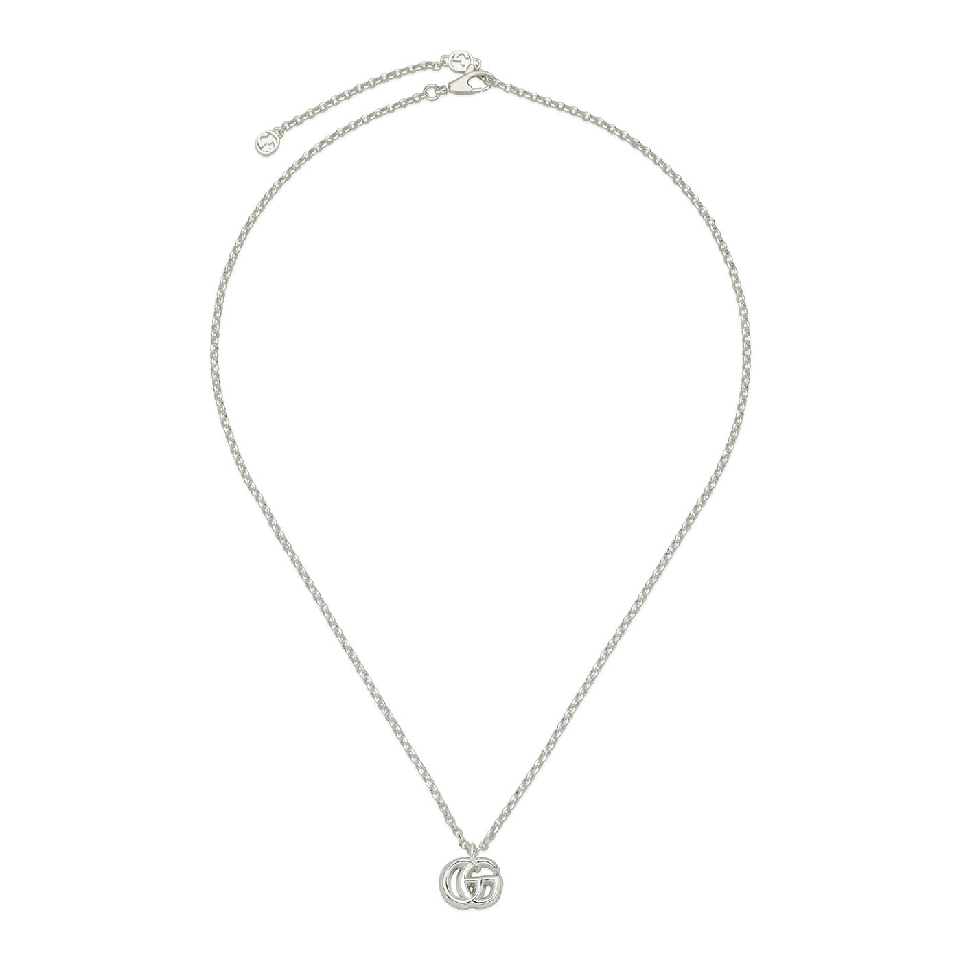 The Gucci GG Marmont Sterling Silver Necklace Pendant from GUCCI Fine Jewellery showcases an elegant thin chain accented with an interlocking Double G design. Its adjustable clasp ensures it sits gracefully against the plain white background.