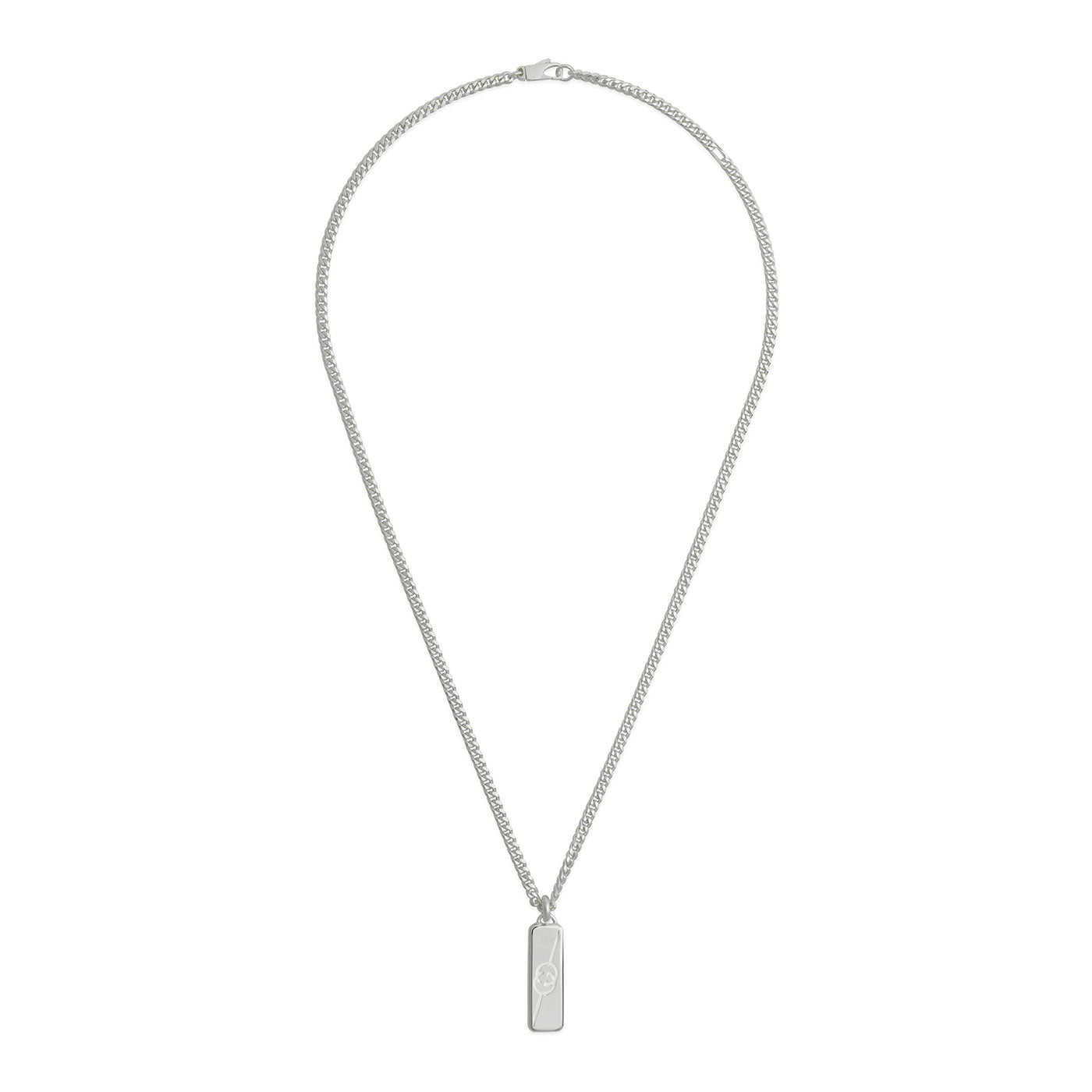 The Gucci Diagonal Interlocking G Sterling Silver Necklace Pendant by GUCCI Fine Jewellery is an elegant piece crafted from 925 sterling silver. It features a rectangular pendant with the iconic interlocking G design. The delicately linked chain and visible clasp add a touch of sophistication, with the pendant hanging gracefully at the center.