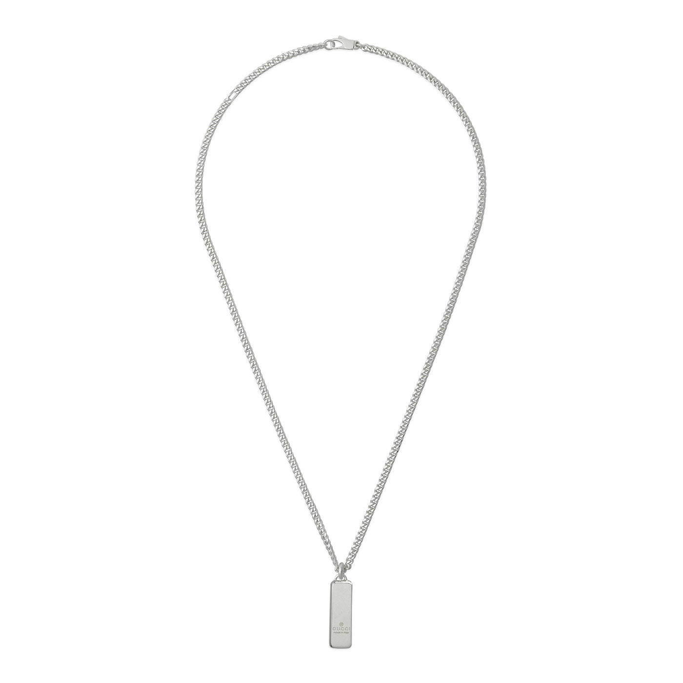 The Gucci Diagonal Interlocking G Sterling Silver Necklace Pendant by GUCCI Fine Jewellery features a 925 sterling silver chain adorned with a rectangular pendant, intricately engraved with the iconic Interlocking G design. It is beautifully presented against a simple white background.