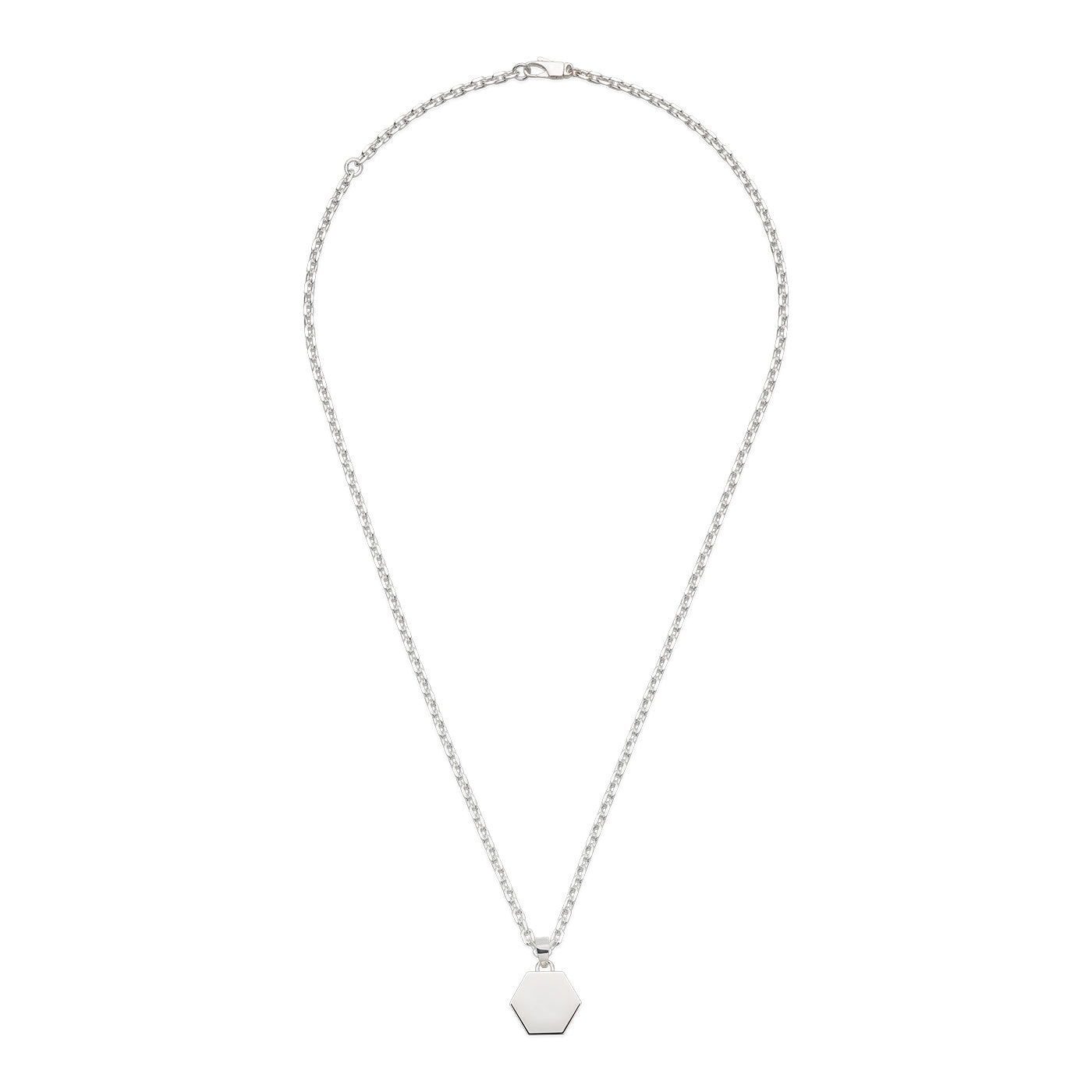 The Gucci Trademark Sterling Silver Necklace by GUCCI Fine Jewellery features a delicate, adjustable chain and a small hexagonal pendant centered at the bottom against a white background.