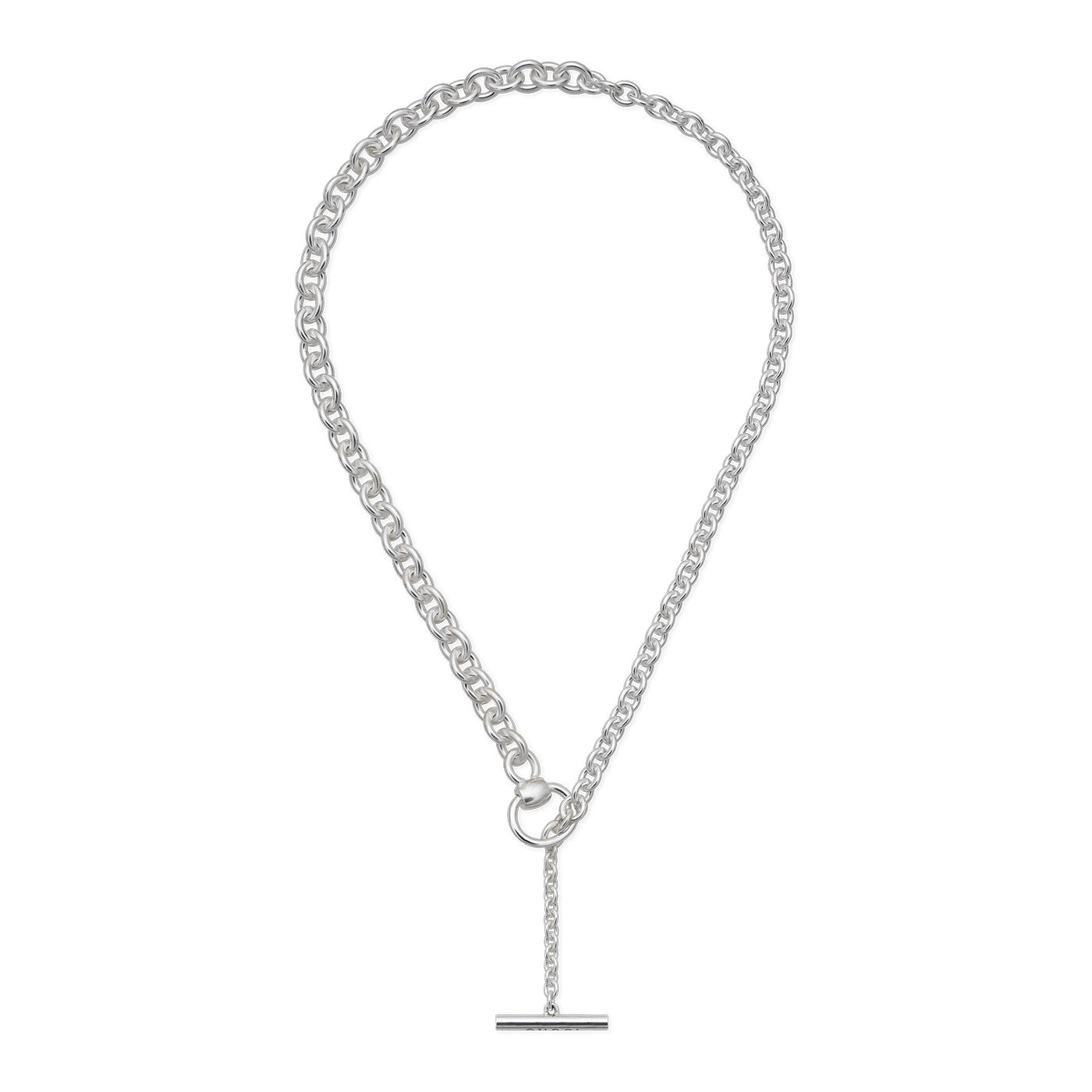 The Gucci Horsebit Sterling Silver Chain Necklace by GUCCI Fine Jewellery features a classic double ring, bar design with uniform links and a prominent T-bar toggle clasp for an elegant look.