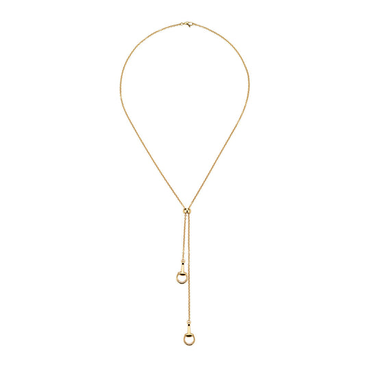 The Gucci Horsebit 18K Yellow Gold Pendant Necklace from GUCCI Fine Jewellery features a minimalist chain with two looped pendants at different lengths, crafted in delicate yellow gold, creating an elegant and stylish look on a plain white background.