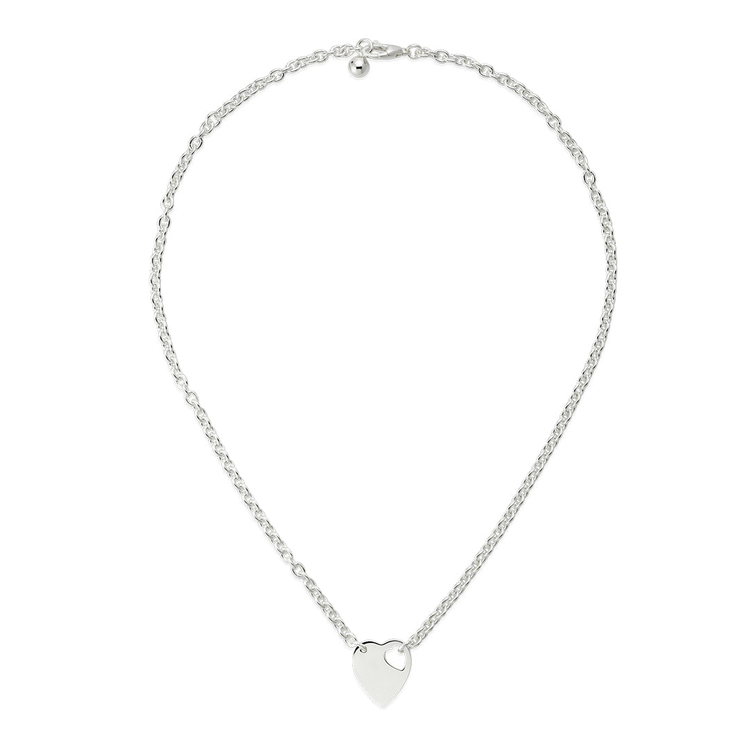 The GUCCI Fine Jewellery Trademark Sterling Silver Chain Necklace features a heart-shaped pendant with a small circular cutout, complemented by a simple clasp closure, offering a minimalist elegance perfect for any understated look.