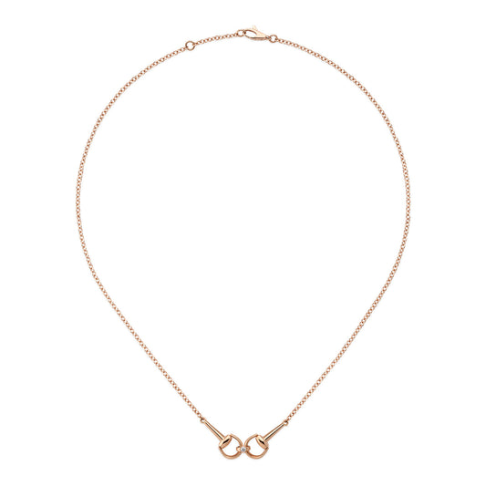 The GUCCI Fine Jewellery Horsebit 18K Rose Gold Diamond Chain Necklace features a simple yet elegant design with two interlocking rings on a delicate chain, echoing classic horsebit jewelry. Displayed against a white backdrop, it highlights fine craftsmanship and unique ring accents.