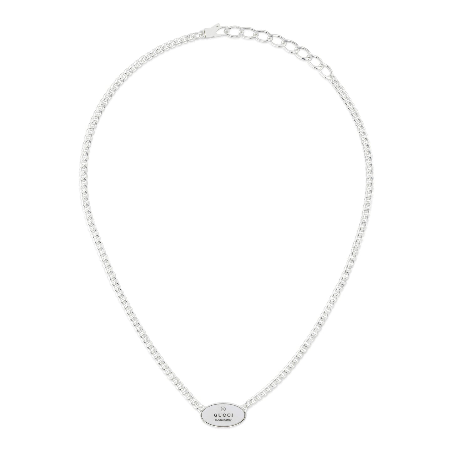 The Gucci Trademark Sterling Silver Tag Necklace Pendant by GUCCI Fine Jewellery features a slender chain, an engraved "GUCCI" oval pendant, and a clasp closure for a simple, elegant look.