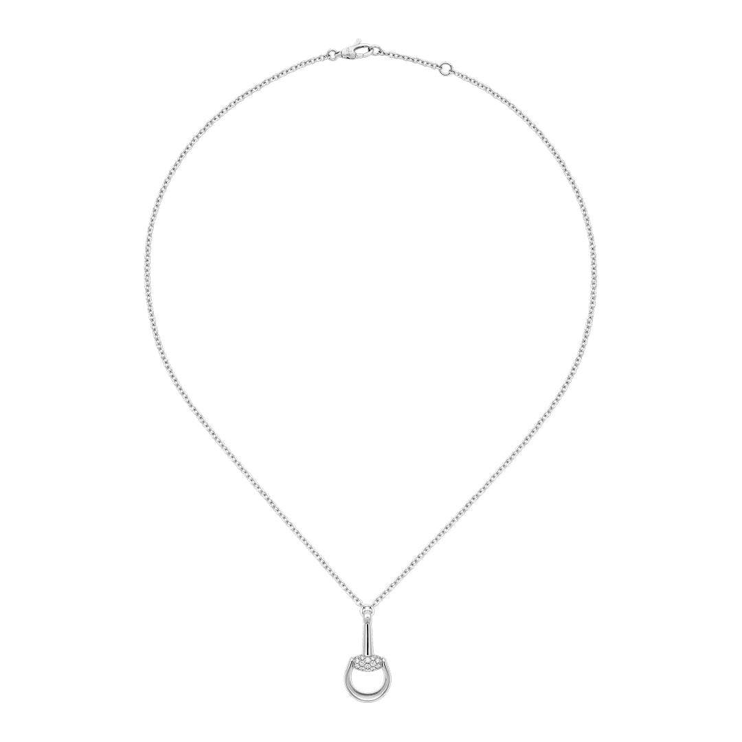 The Gucci Horsebit 18K White Gold Diamond Necklace Pendant by GUCCI Fine Jewellery features a circular pendant with sparkling diamond accents, beautifully displayed against a plain white background.