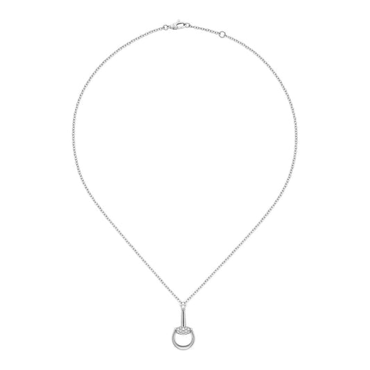 The Gucci Horsebit 18K White Gold Diamond Necklace Pendant by GUCCI Fine Jewellery features a circular pendant with sparkling diamond accents, beautifully displayed against a plain white background.