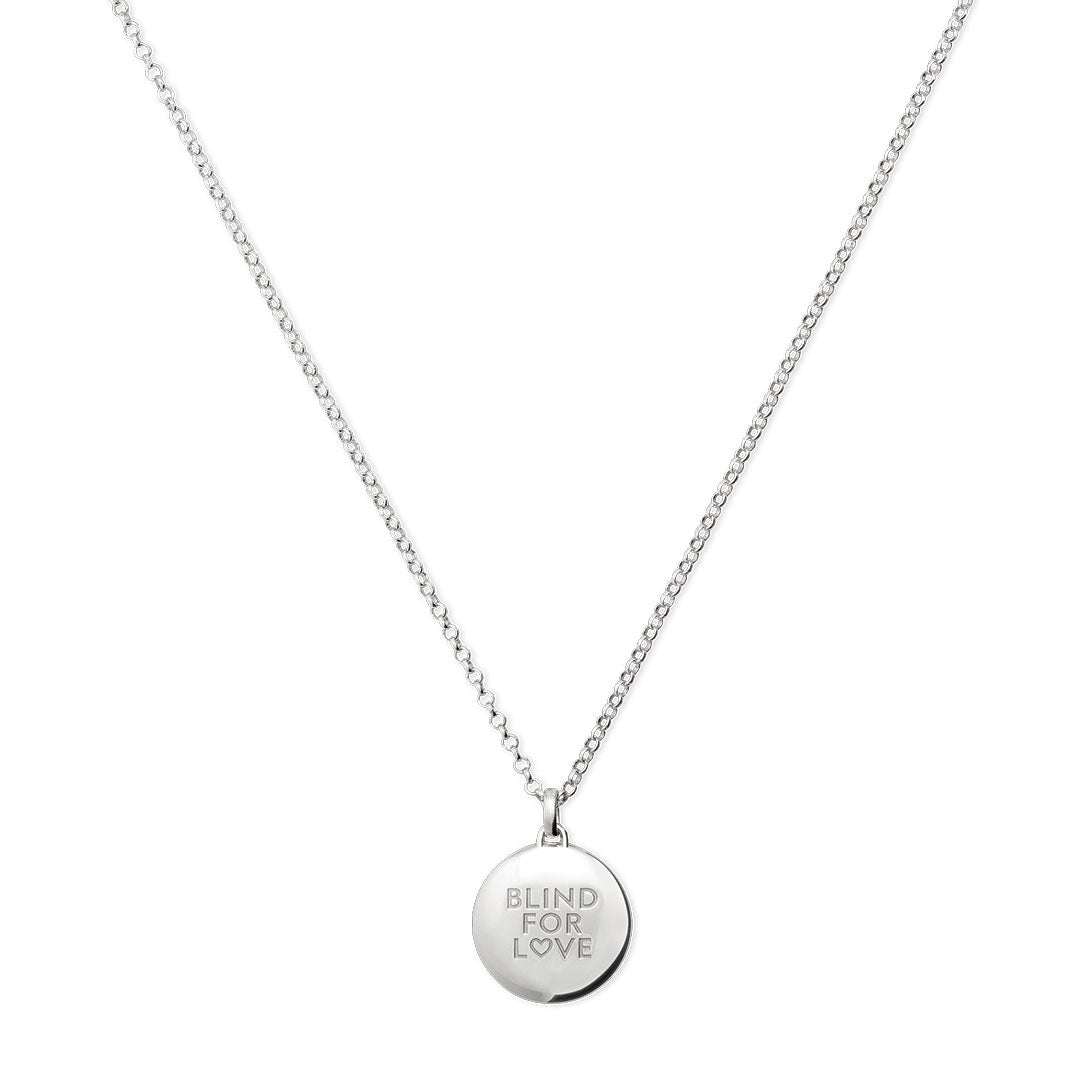 The GUCCI Fine Jewellery Blind For Love Sterling Silver Necklace features a round pendant engraved with "BLIND FOR LOVE.