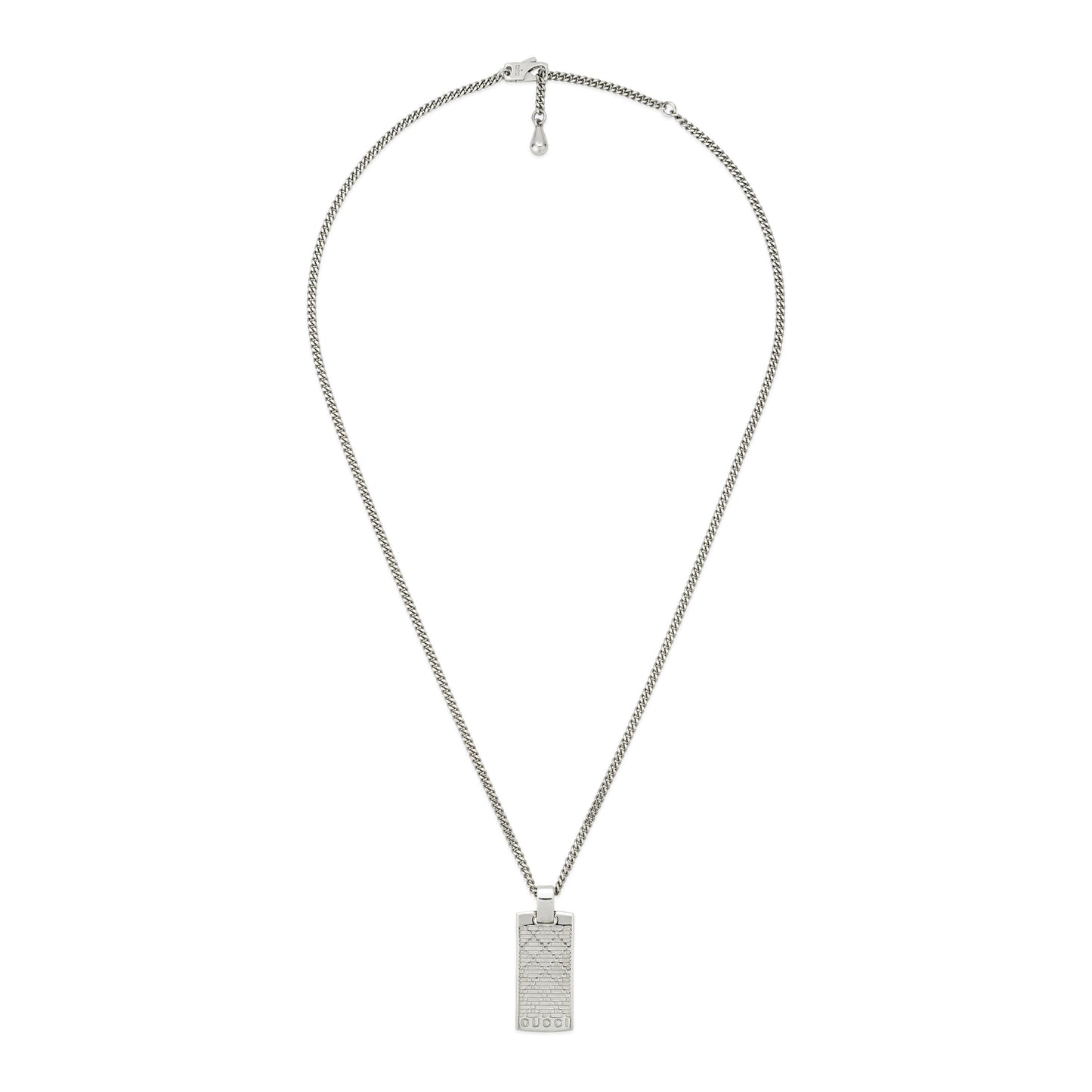 The Gucci Diamante Sterling Silver Tag Chain Necklace Pendant by GUCCI Fine Jewellery features an engraved geometric pattern and "1923" along the edge, making it an elegant addition to any women's jewelry collection.