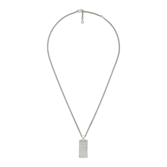The Gucci Diamante Sterling Silver Tag Chain Necklace Pendant by GUCCI Fine Jewellery features an engraved geometric pattern and "1923" along the edge, making it an elegant addition to any women's jewelry collection.