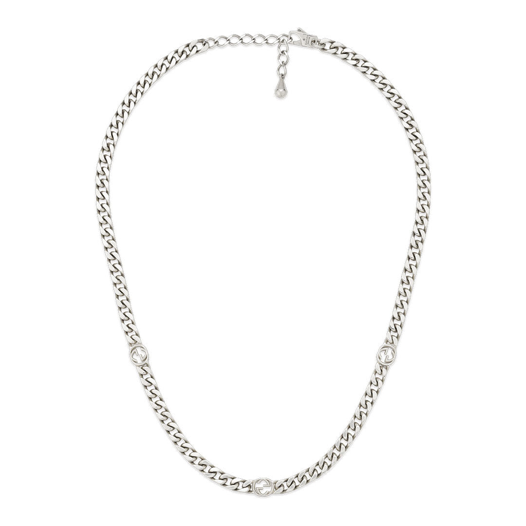 The Gucci Blind For Love Sterling Silver Chain Necklace by GUCCI Fine Jewellery features a curb link design with three round accents and an adjustable clasp with extender, crafted in Italy.