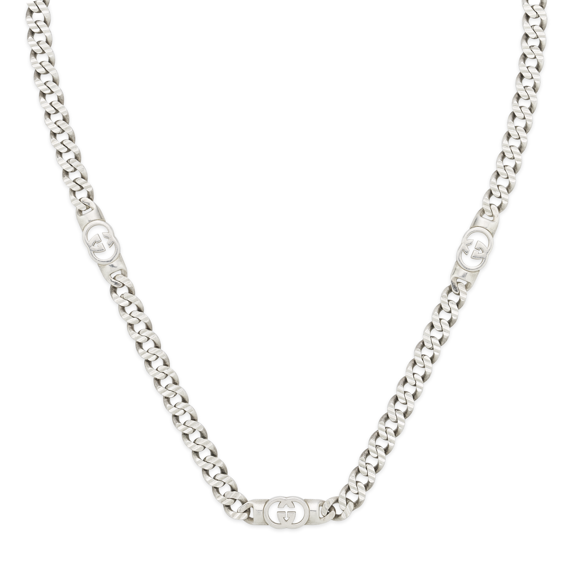 The Gucci Interlocking Sterling Silver Chain Necklace by GUCCI Fine Jewellery features interlocking links and three oval Gucci logo accents. Displayed on a white background, it pairs well with chunky hoop earrings for a bold statement.