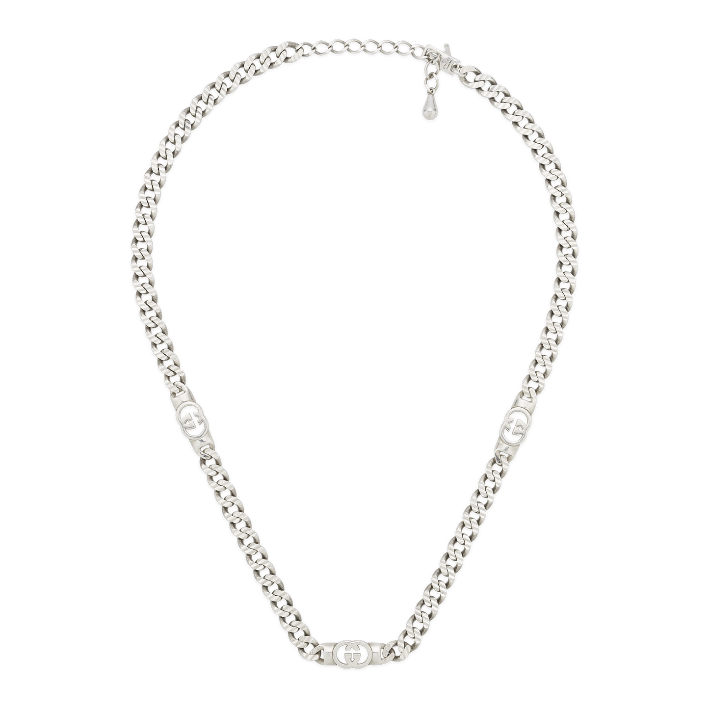 The Gucci Interlocking Sterling Silver Chain Necklace by GUCCI Fine Jewellery features three evenly spaced oval links, each with an Interlocking G charm, shown against a white background.