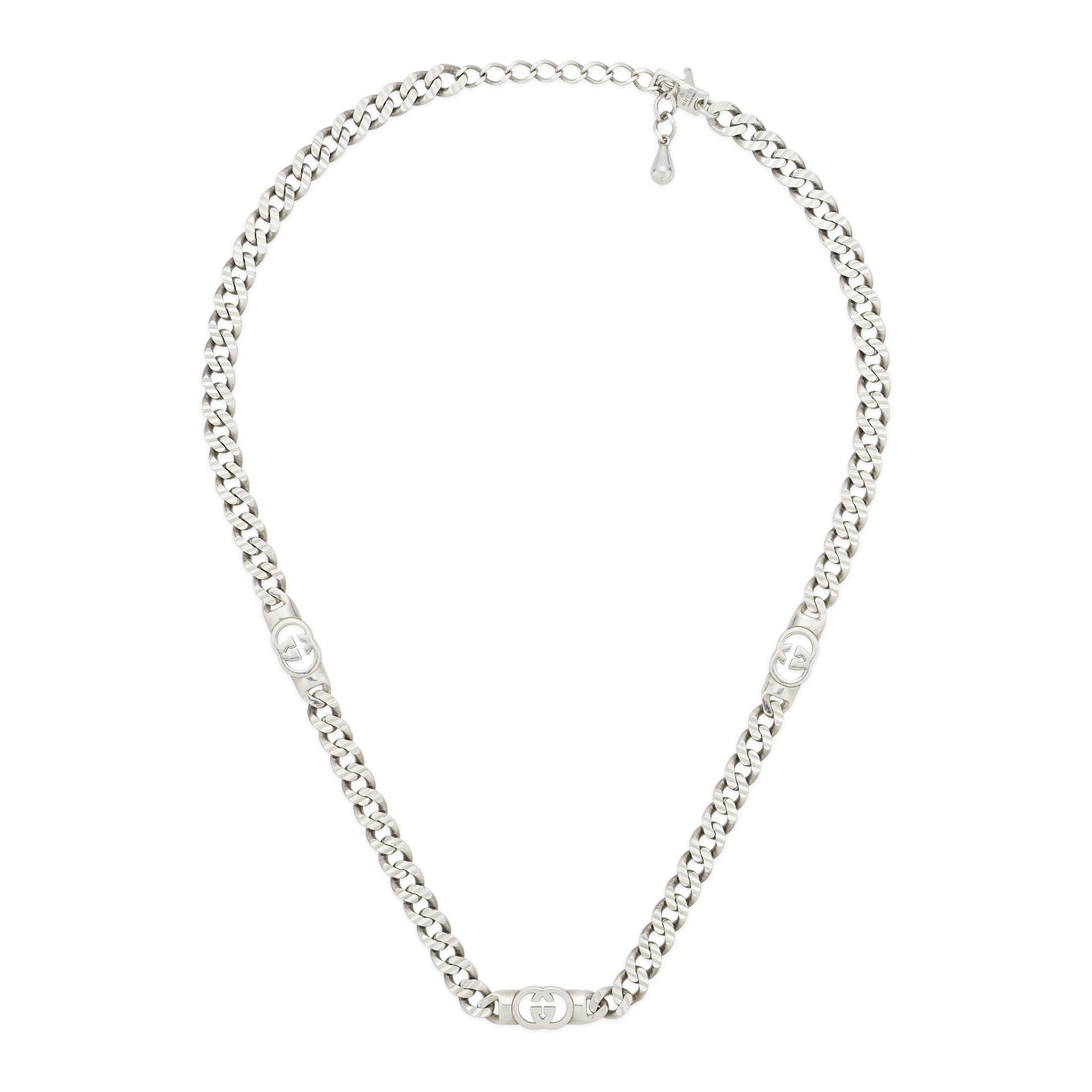 The Gucci Interlocking Sterling Silver Chain Necklace by GUCCI Fine Jewellery features three evenly spaced oval links, each with an Interlocking G charm, shown against a white background.