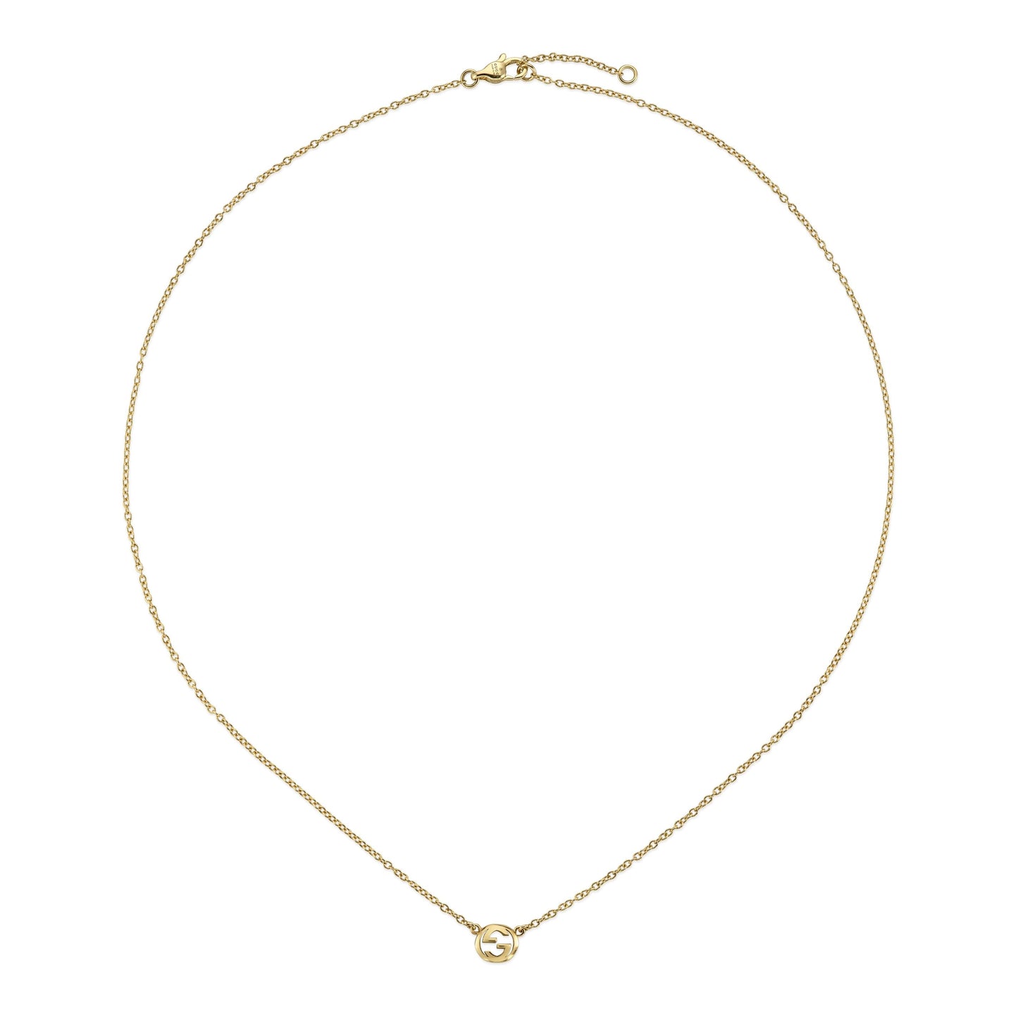 The GUCCI Fine Jewellery Interlocking 18K Yellow Gold Necklace Pendant features a delicate chain and a small circular interlocking design, displayed against a white background.