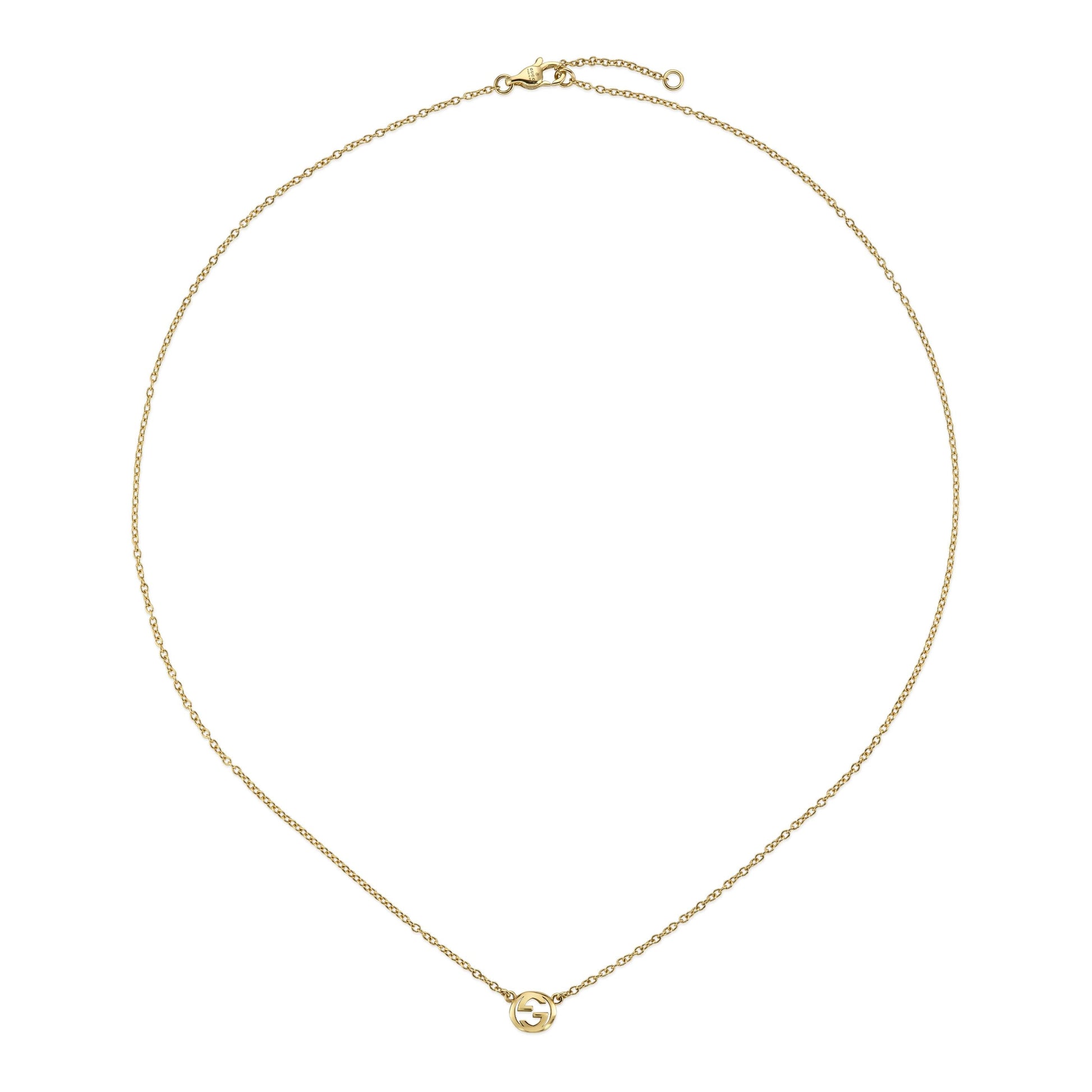 The GUCCI Fine Jewellery Interlocking 18K Yellow Gold Necklace Pendant features a delicate chain and a small circular interlocking design, displayed against a white background.