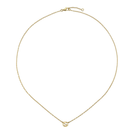 The GUCCI Fine Jewellery Interlocking 18K Yellow Gold Necklace Pendant features a delicate chain and a small circular interlocking design, displayed against a white background.