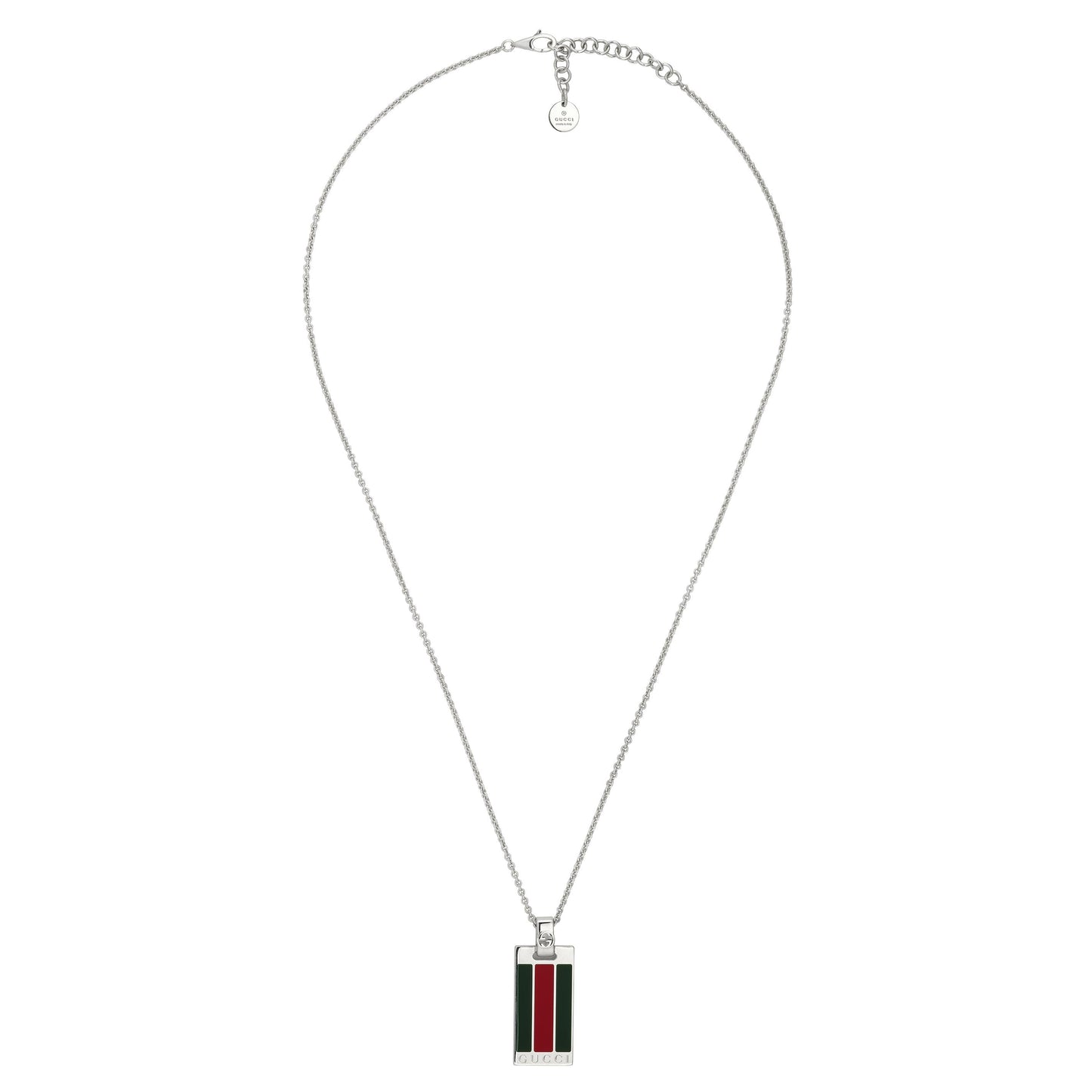 The GUCCI Fine Jewellery Web Sterling Silver Tag Chain Necklace Pendant features a rectangular silver pendant with vertical green and red stripes, crafted in 925 sterling silver and finished with an adjustable clasp.