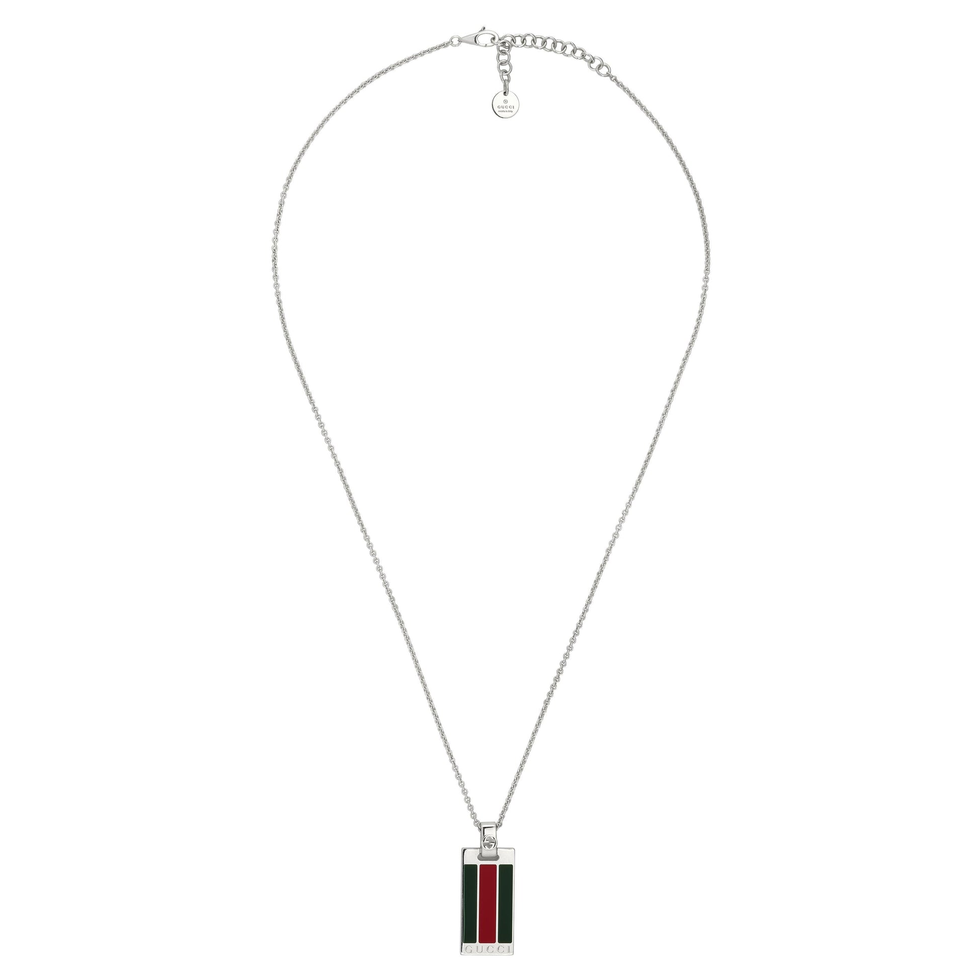 The GUCCI Fine Jewellery Web Sterling Silver Tag Chain Necklace Pendant features a rectangular silver pendant with vertical green and red stripes, crafted in 925 sterling silver and finished with an adjustable clasp.