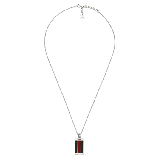 The GUCCI Fine Jewellery Web Sterling Silver Tag Chain Necklace Pendant features a rectangular silver pendant with vertical green and red stripes, crafted in 925 sterling silver and finished with an adjustable clasp.