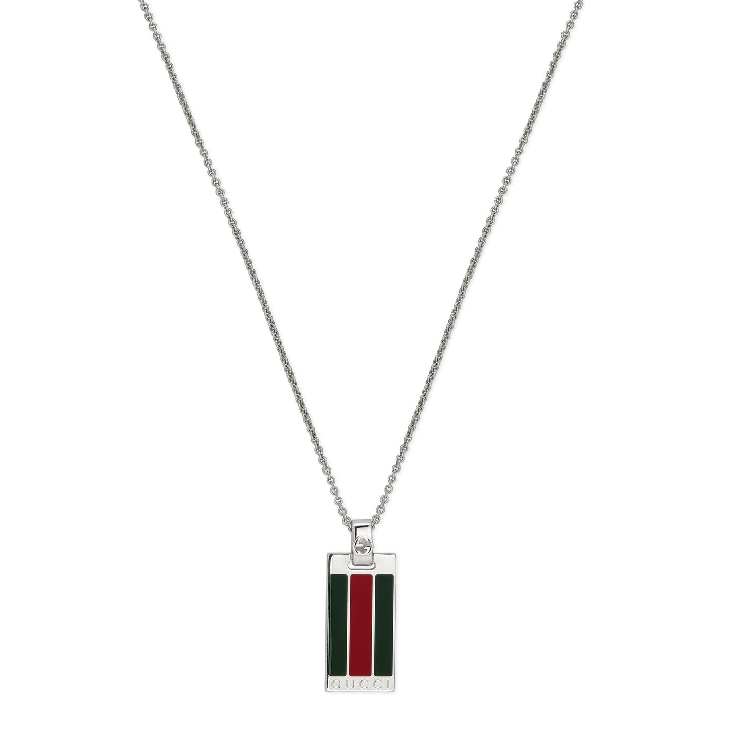 The Gucci Web Sterling Silver Tag Chain Necklace Pendant from GUCCI Fine Jewellery features a rectangular 925 sterling silver pendant with vertical green and red stripes and "GUCCI" engraved at the bottom.