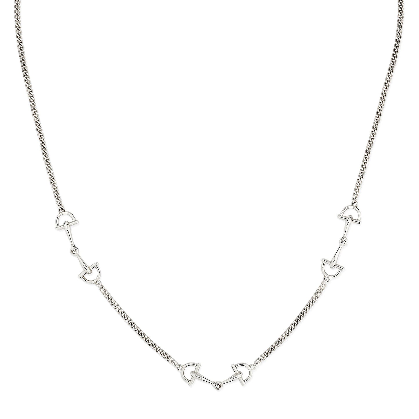 The Gucci Staffa Sterling Silver Station Necklace by GUCCI Fine Jewellery features five small, evenly spaced stirrup charms on a fine twisted chain for a subtle, minimalist elegance.