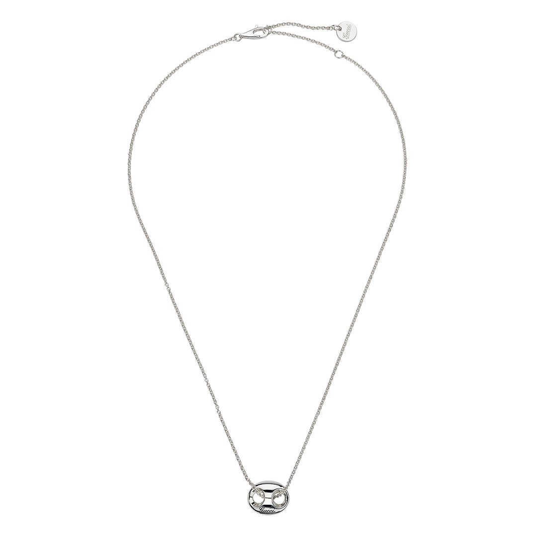 Gucci Marina Sterling Silver Chain Necklace Pendant featuring an oversized, oval-shaped openwork pendant with engraved branding.