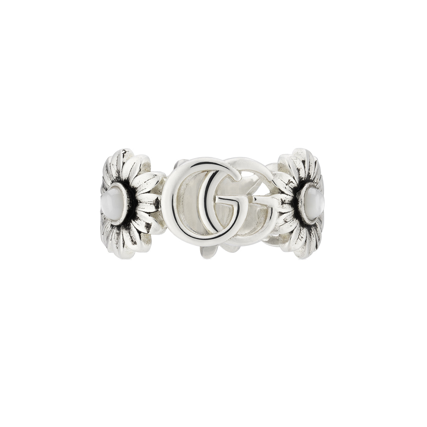 The Gucci GG Marmont Sterling Silver Mother of Pearl Ring by GUCCI Fine Jewellery beautifully features two ornate sunflowers with intricately detailed petals encircling the iconic Double G logo at the center, making it a stunning piece of fashion jewelry.