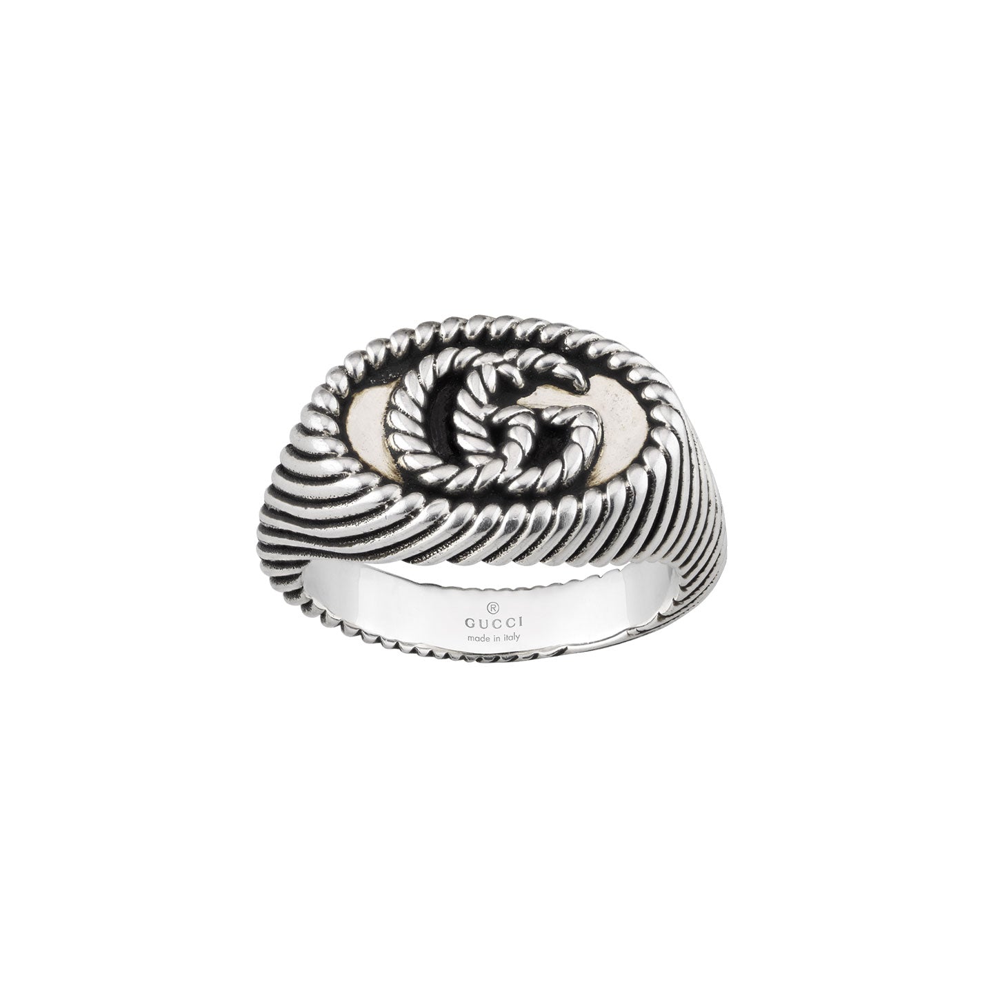 The Gucci Double G Chevalier Aged Sterling Silver Ring from GUCCI Fine Jewellery features a spiral rope-like design encircling the iconic double G logo at its center. The inner band is engraved with branding details.