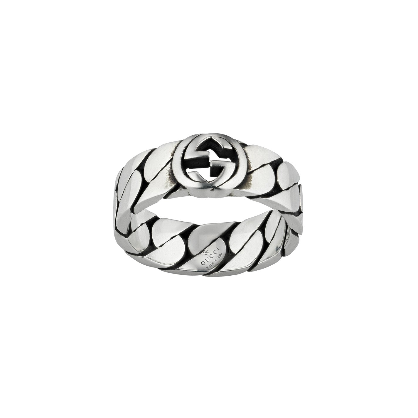 The Gucci Interlocking G Sterling Silver Ring by GUCCI Fine Jewellery boasts a bold logo design accented with Interlocking G patterns that create a woven or chain-like texture. Its combination of polished and textured surfaces results in a striking, elegant look.