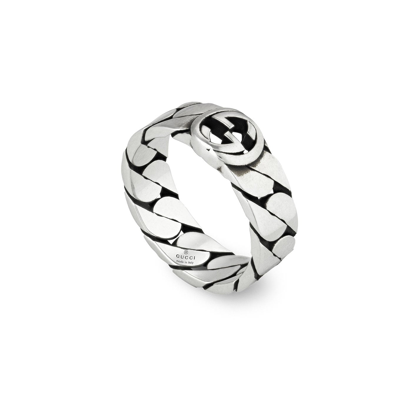 The Gucci Interlocking G Sterling Silver Ring by GUCCI Fine Jewellery showcases a chain-link design with a circular emblem at the top. The Interlocking G emblem enhances the elegant appeal of its textured, shiny finish, beautifully set against a plain white background.