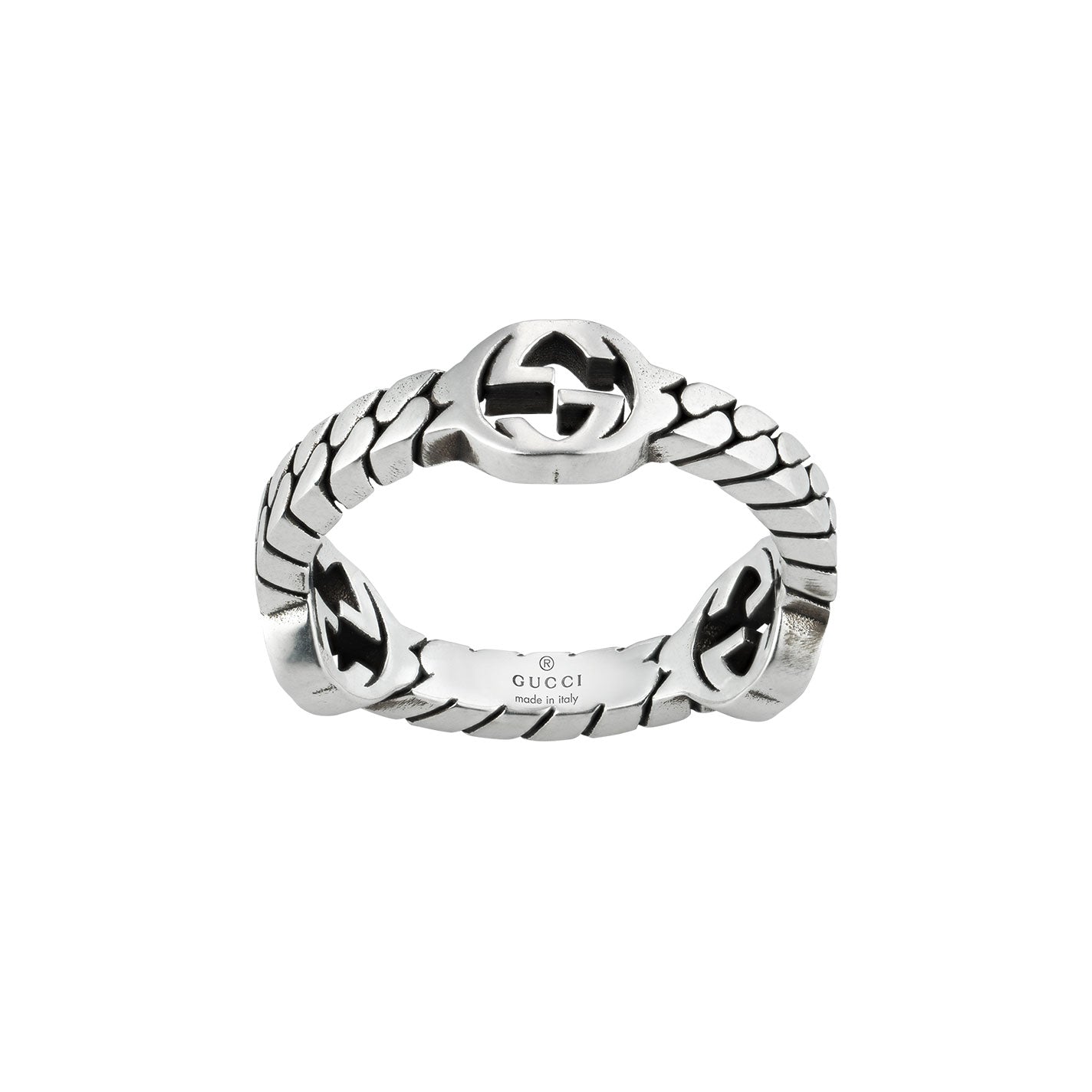 The Gucci Interlocking G Sterling Silver Ring by GUCCI Fine Jewellery showcases a polished finish with intricate links and is embellished with the iconic Interlocking G logo, all set against a white background.