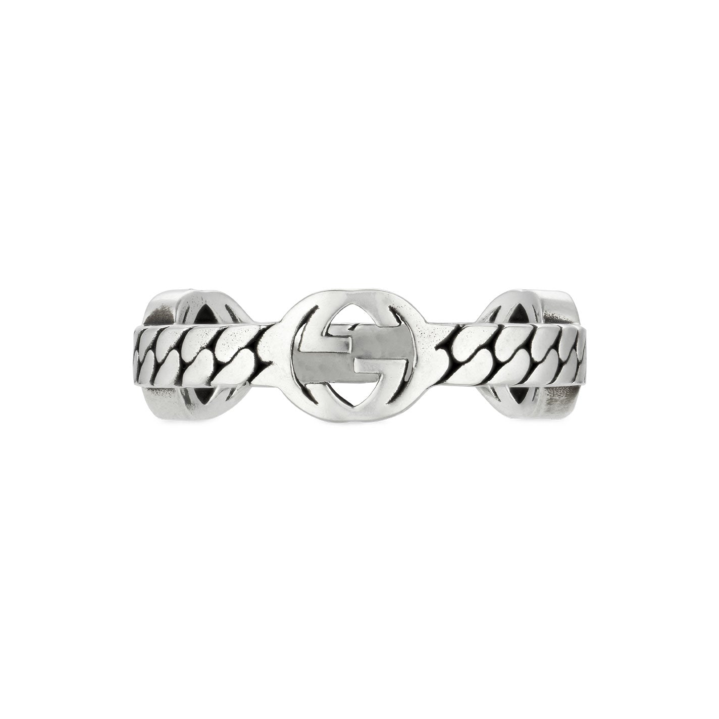 The Gucci Interlocking G Sterling Silver Ring by GUCCI Fine Jewellery features an intricate chain pattern on the sterling silver band, complemented by a central interlocking G design against a plain white background.