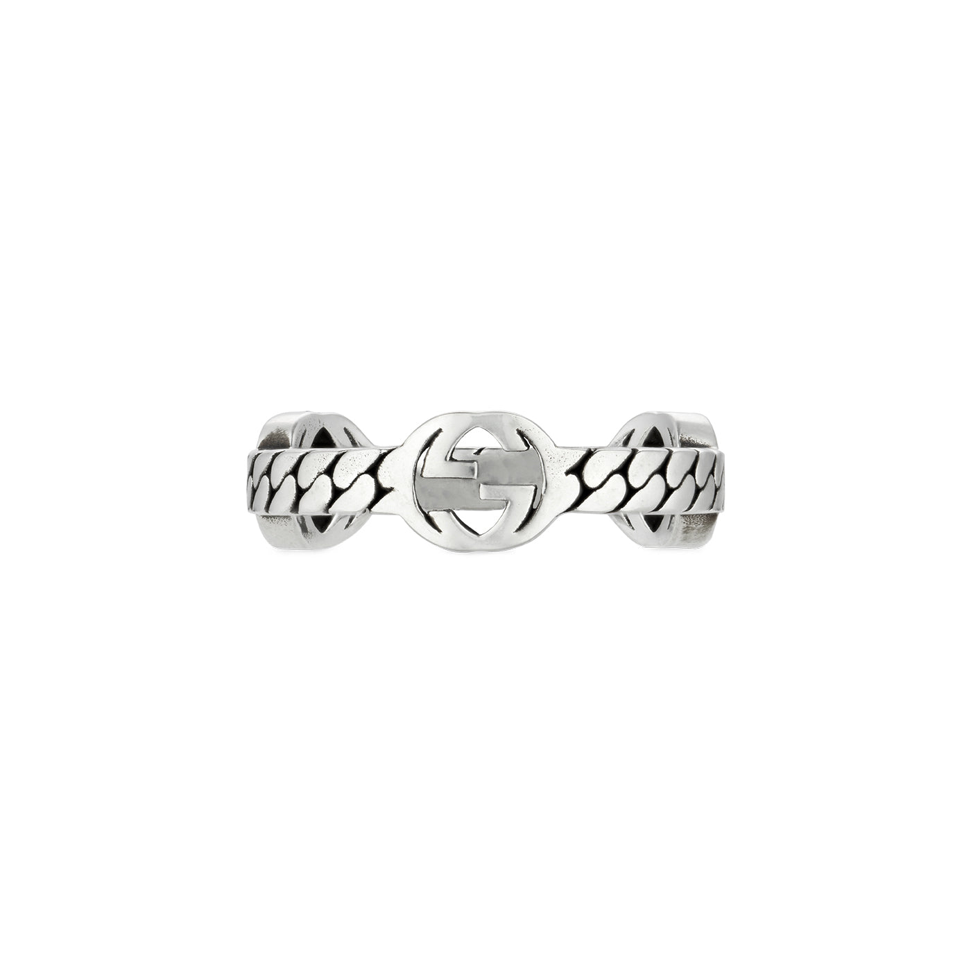 The Gucci Interlocking G Sterling Silver Ring from GUCCI Fine Jewellery showcases a striking chain-link band design with a central, prominent circular logo motif. Its polished finish, combined with the iconic Interlocking G, blends harmoniously into the band.