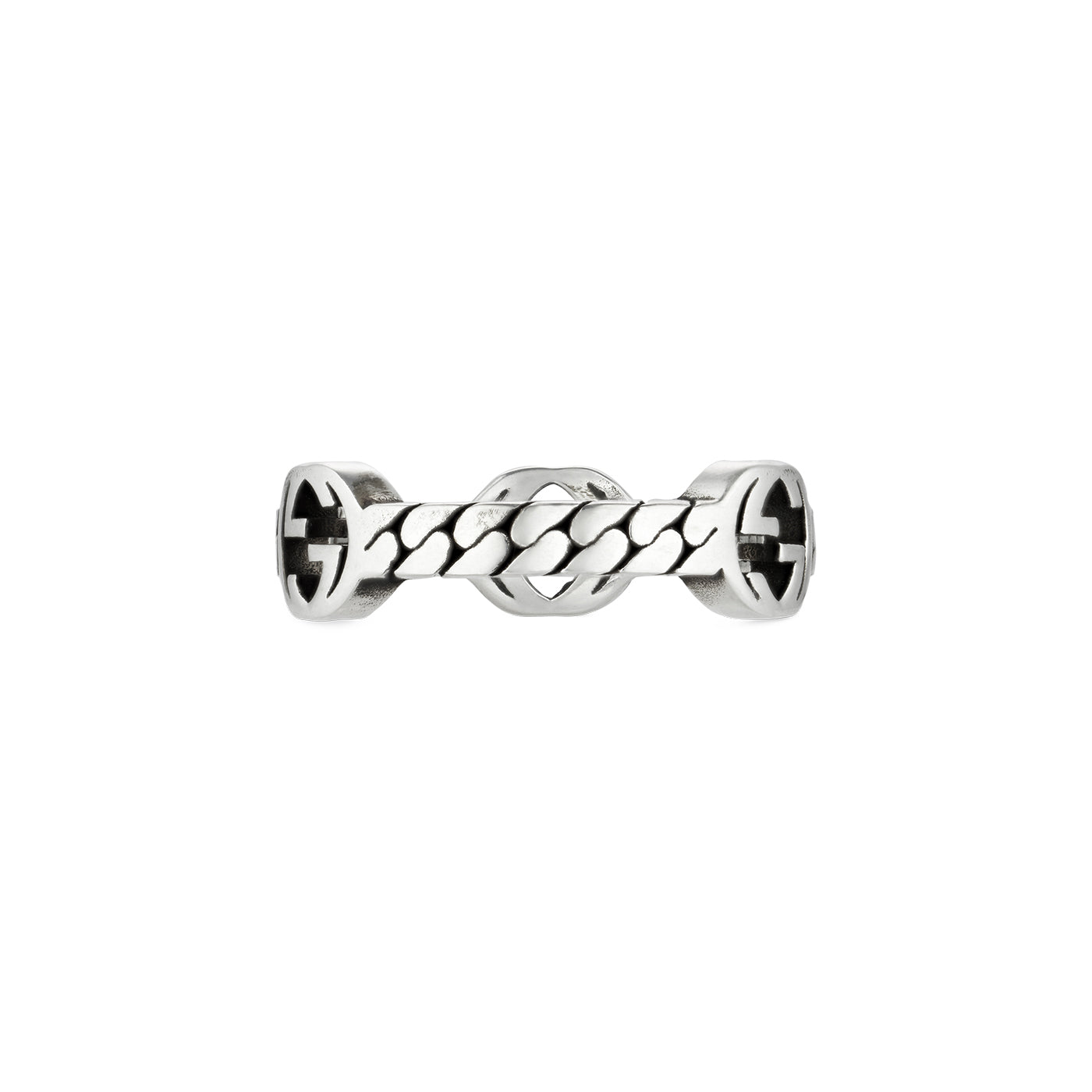 The Gucci Interlocking G Sterling Silver Ring by GUCCI Fine Jewellery features an elaborate interwoven chain design at its center, complemented by circular elements with geometric cutouts on either side, exuding a modern, industrial aesthetic reminiscent of the iconic Interlocking G style.