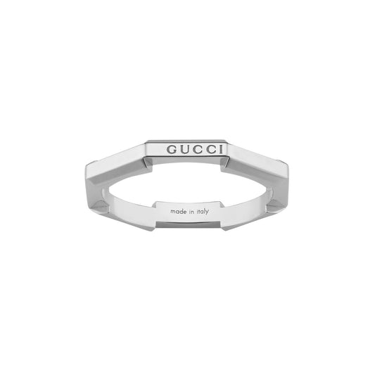 The Gucci Link to Love Mirrored 18K White Gold Ring from GUCCI Fine Jewellery is a sleek hexagonal stackable piece that embodies modern elegance. This minimalist design features the iconic brand name "GUCCI" on one side and proudly states "made in Italy" on the interior.