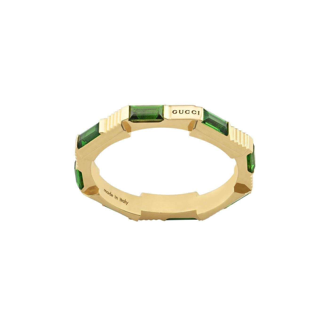 An 18K yellow gold ring embedded with rectangular green tourmaline stones exudes the signature luxury of GUCCI Fine Jewellery. Featuring a geometric design with a smooth and polished finish, this piece embodies the essence of the Gucci Link to Love collection.