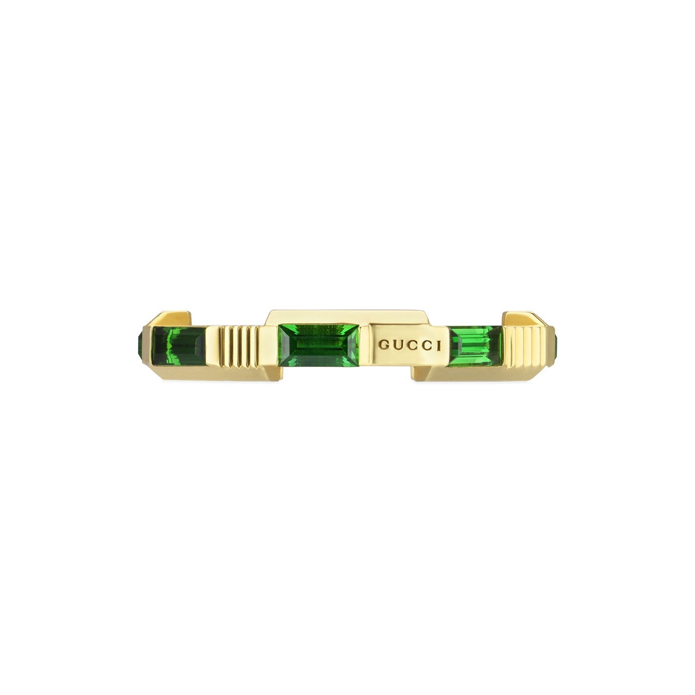 An 18K yellow gold ring from GUCCI Fine Jewellery, featuring the "Gucci Link to Love" design, showcases embedded green tourmaline gemstones for an elegant and luxurious appearance.