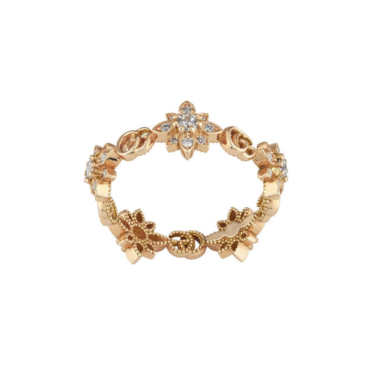 The GUCCI Fine Jewellery Flora 18K Rose Gold Diamond Ring is a stunning piece adorned with floral and geometric designs, featuring diamonds at the center of each flower and intricate detailing around the band.