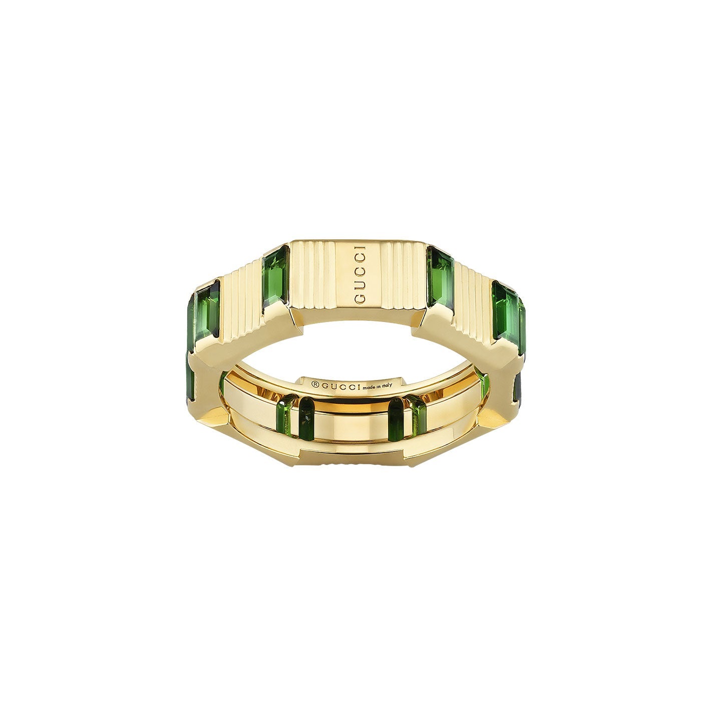 The Gucci Link to Love Tourmaline 18K Yellow Gold Ring from GUCCI Fine Jewellery features a stunning octagonal band adorned with emerald green accents, capturing the enchanting allure of green tourmaline.