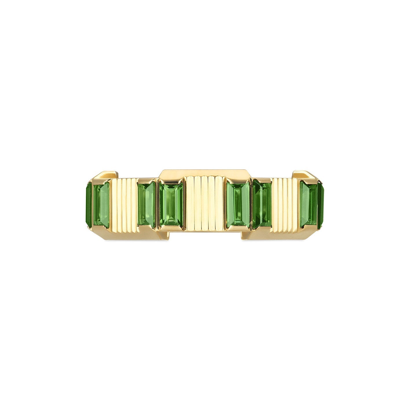 The Gucci Link to Love Tourmaline ring by GUCCI Fine Jewellery is crafted in 18K yellow gold and showcases a sleek, modern band adorned with seven evenly spaced rectangular green tourmaline gemstones.