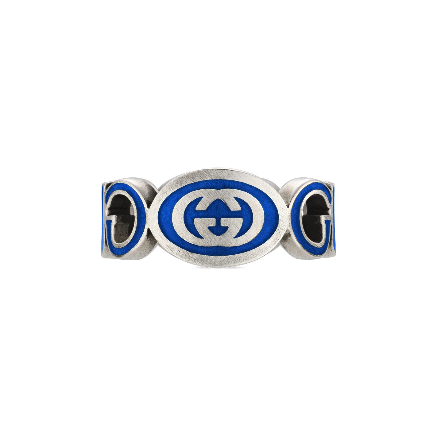 Introducing the Gucci Interlocking G Enamel Sterling Silver Ring from GUCCI Fine Jewellery, a captivating piece crafted in 925 sterling silver. The wide band is embellished with a striking blue enamel design, showcasing the iconic interlocking "G" motif repeated elegantly around the ring, harmonizing classic style with modern luxury.